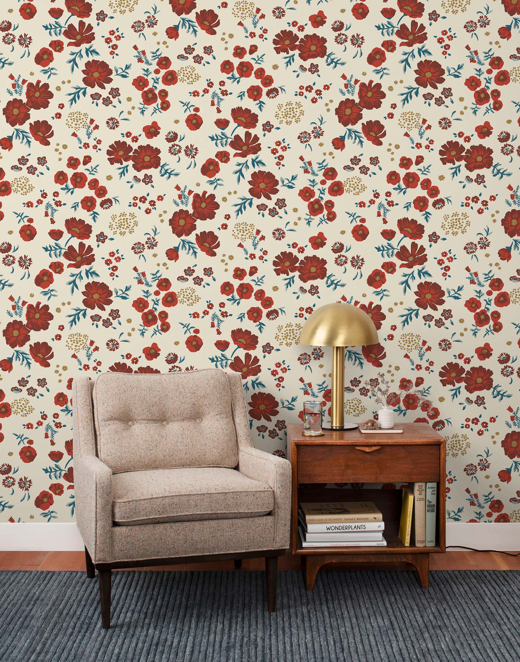Cascade Meadow (Primary) featuring hand drawn flowers in shades of red and green on a cream background | Schoolhouse x Hygge & West Wallpaper Collection