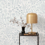 Alpine Garden Tonal (White) featuring hand drawn flowers in blue on a true white background | Schoolhouse x Hygge & West Wallpaper Collection