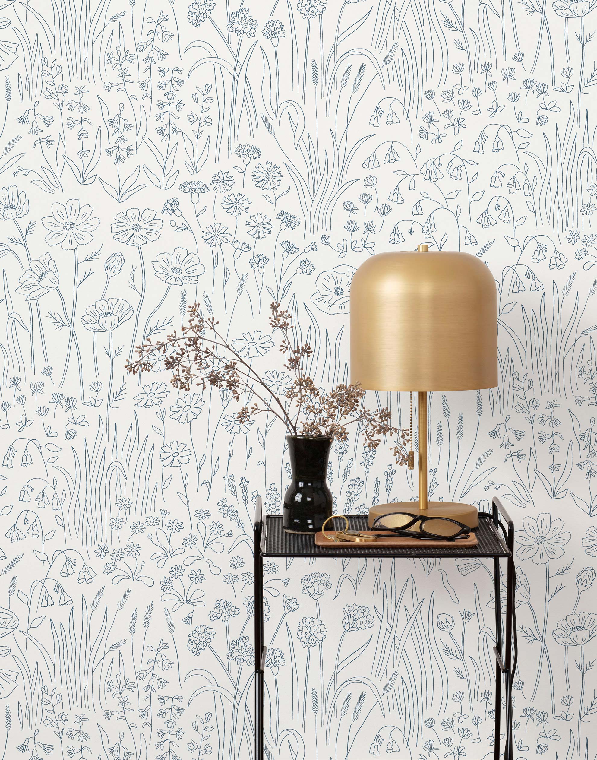 Alpine Garden Tonal (White) featuring hand drawn flowers in blue on a true white background | Schoolhouse x Hygge & West Wallpaper Collection
