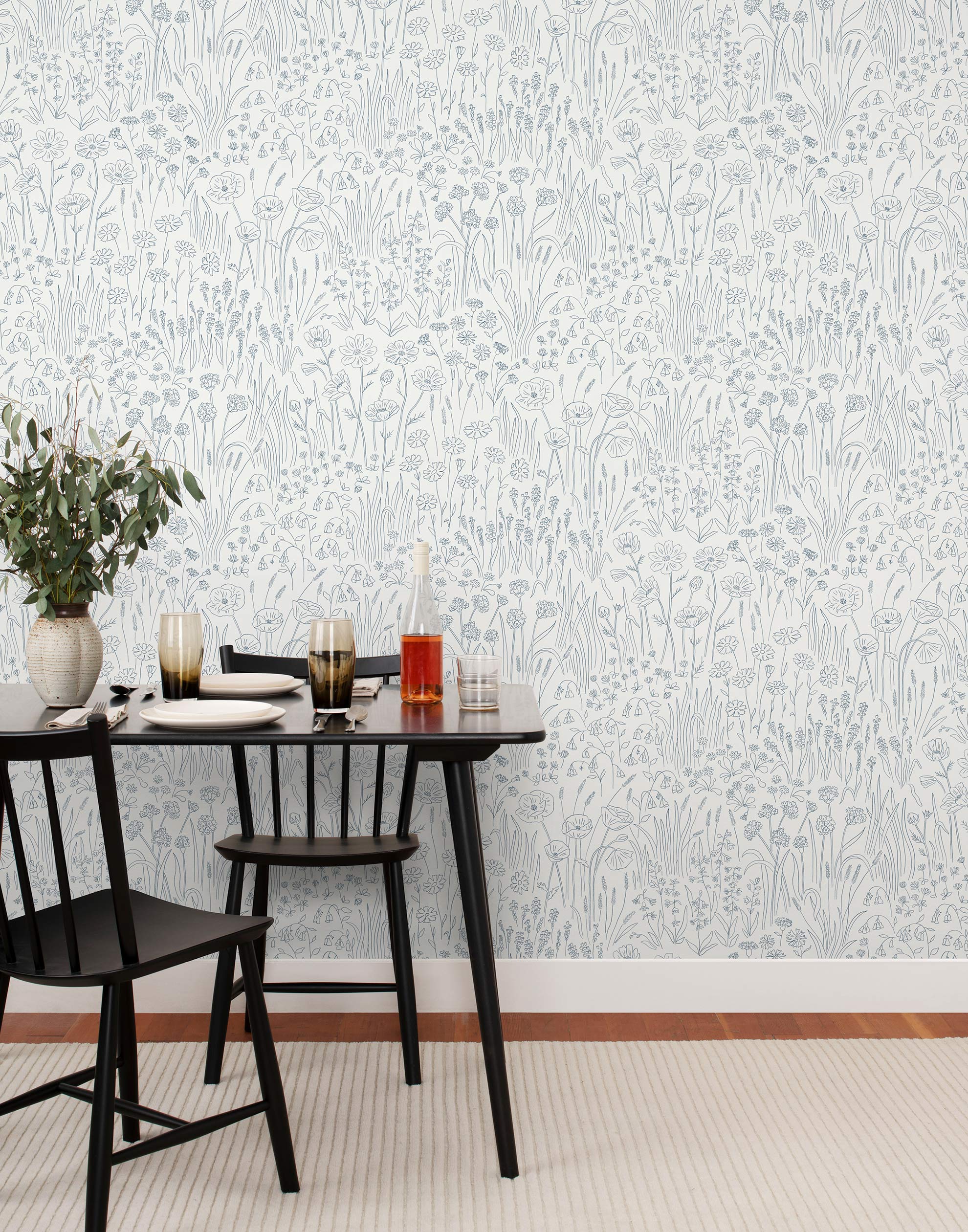 Alpine Garden Tonal (White) featuring hand drawn flowers in blue on a true white background | Schoolhouse x Hygge & West Wallpaper Collection