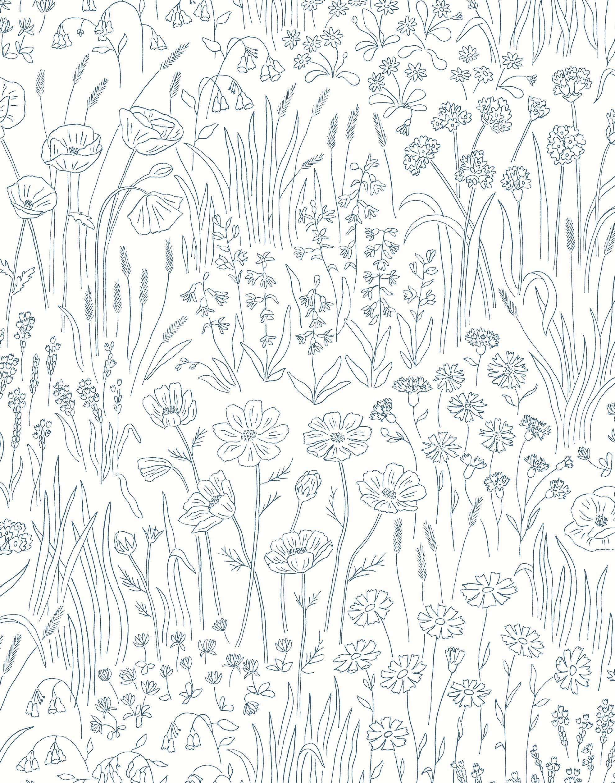 Alpine Garden Tonal (White) featuring hand drawn flowers in blue on a true white background | Schoolhouse x Hygge & West Wallpaper Collection
