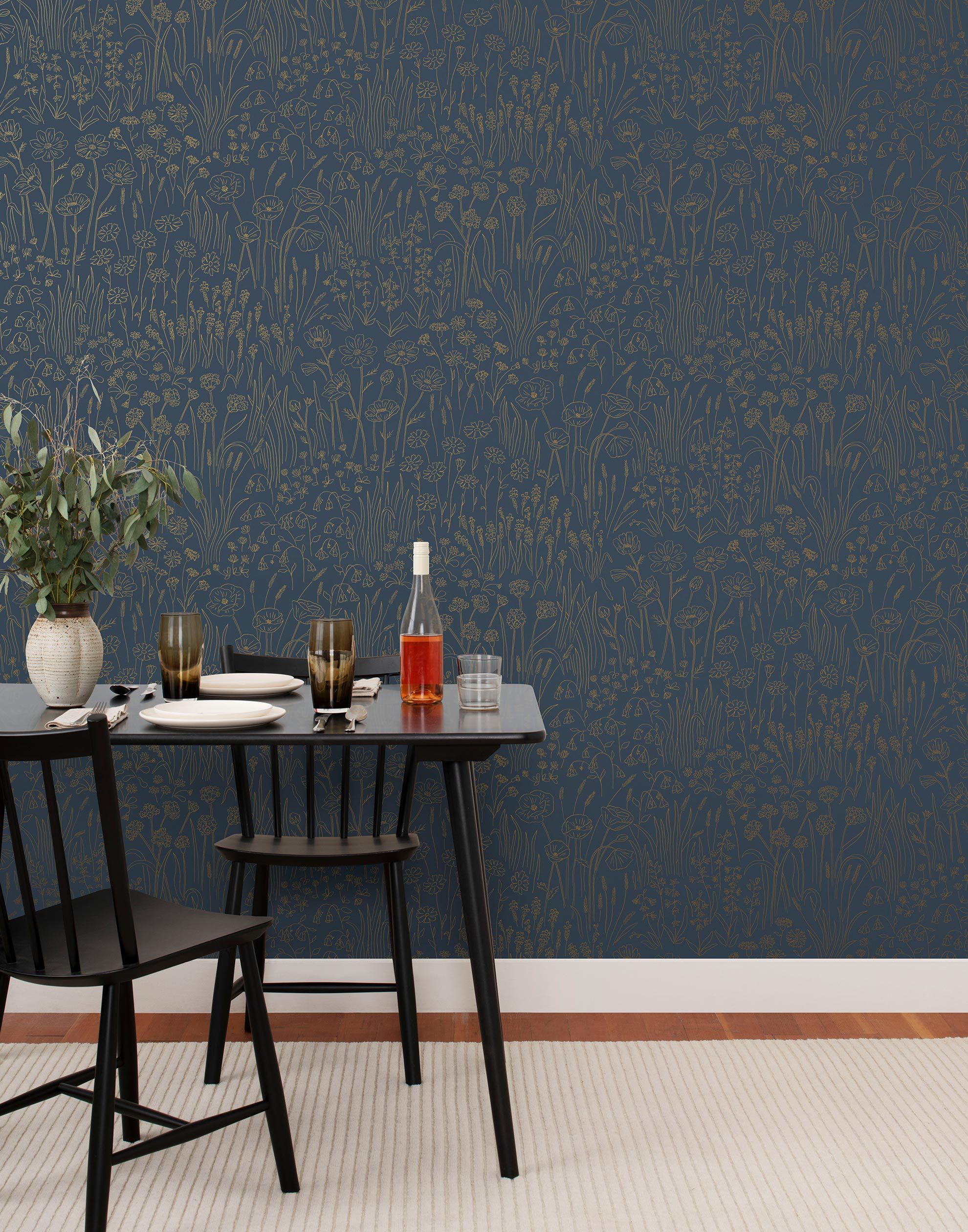 Alpine Garden Tonal (Midnight) featuring hand drawn flowers in metallic gold on a deep blue background | Schoolhouse x Hygge & West Wallpaper Collection