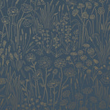 Alpine Garden Tonal (Midnight) featuring hand drawn flowers in metallic gold on a deep blue background | Schoolhouse x Hygge & West Wallpaper Collection