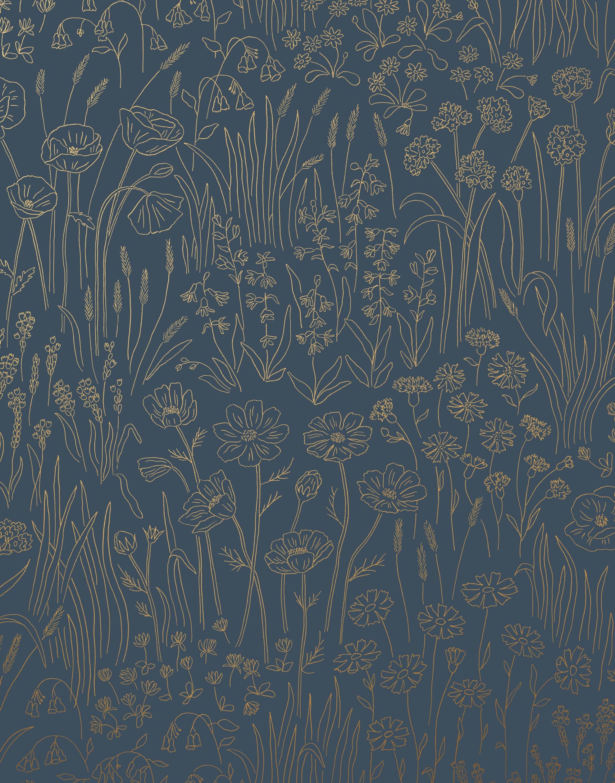 Alpine Garden Tonal (Midnight) featuring hand drawn flowers in metallic gold on a deep blue background | Schoolhouse x Hygge & West Wallpaper Collection