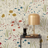 Alpine Garden Multi (Primary) featuring hand drawn flowers in red, blue and mustard yellow on an off white background | Schoolhouse x Hygge & West Walllpaper Collection