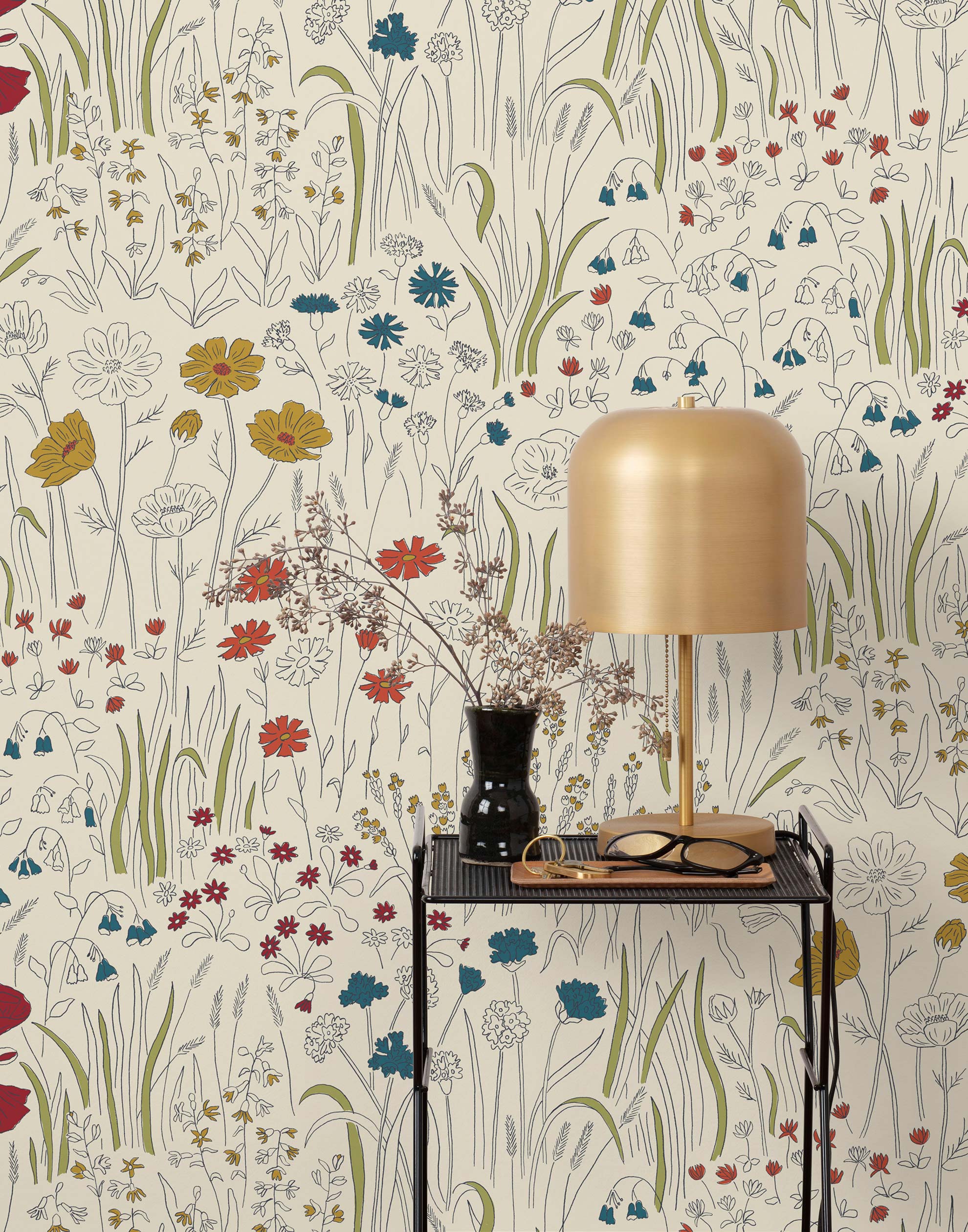 Alpine Garden Multi (Primary) featuring hand drawn flowers in red, blue and mustard yellow on an off white background | Schoolhouse x Hygge & West Walllpaper Collection