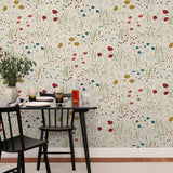 Alpine Garden Multi (Primary) featuring hand drawn flowers in red, blue and mustard yellow on an off white background | Schoolhouse x Hygge & West Walllpaper Collection