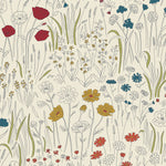 Alpine Garden Multi (Primary) featuring hand drawn flowers in red, blue and mustard yellow on an off white background | Schoolhouse x Hygge & West Walllpaper Collection