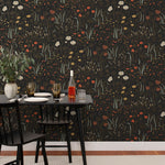 Alpine Garden Multi (Ebony) featuring hand drawn flowers in red, white and mustard yellow with metallic gold accents on a black background | Schoolhouse x Hygge & West Wallpaper Collection