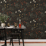 Alpine Garden Multi (Ebony) featuring hand drawn flowers in red, white and mustard yellow with metallic gold accents on a black background | Schoolhouse x Hygge & West Wallpaper Collection