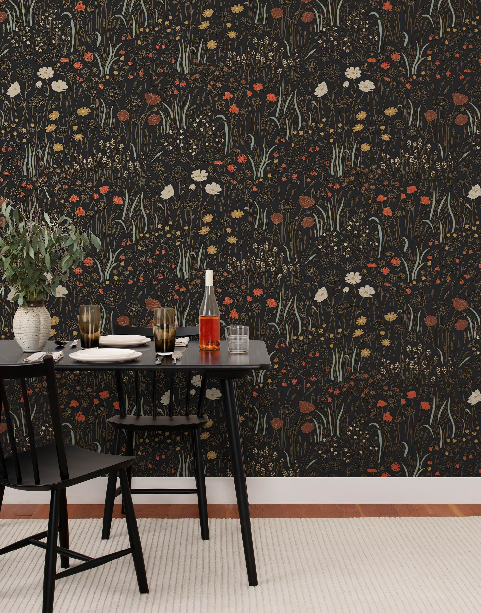 Alpine Garden Multi (Ebony) featuring hand drawn flowers in red, white and mustard yellow with metallic gold accents on a black background | Schoolhouse x Hygge & West Wallpaper Collection
