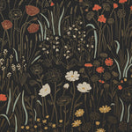 Alpine Garden Multi (Ebony) featuring hand drawn flowers in red, white and mustard yellow with metallic gold accents on a black background | Schoolhouse x Hygge & West Wallpaper Collection