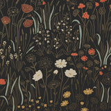 Alpine Garden Multi (Ebony) featuring hand drawn flowers in red, white and mustard yellow with metallic gold accents on a black background | Schoolhouse x Hygge & West Wallpaper Collection