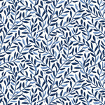 Olive Grove (Blue) featuring a leafy vine motif in shades of blue with light blue accents on a true white background | Schoolhouse x Hygge & West Wallpaper Collection