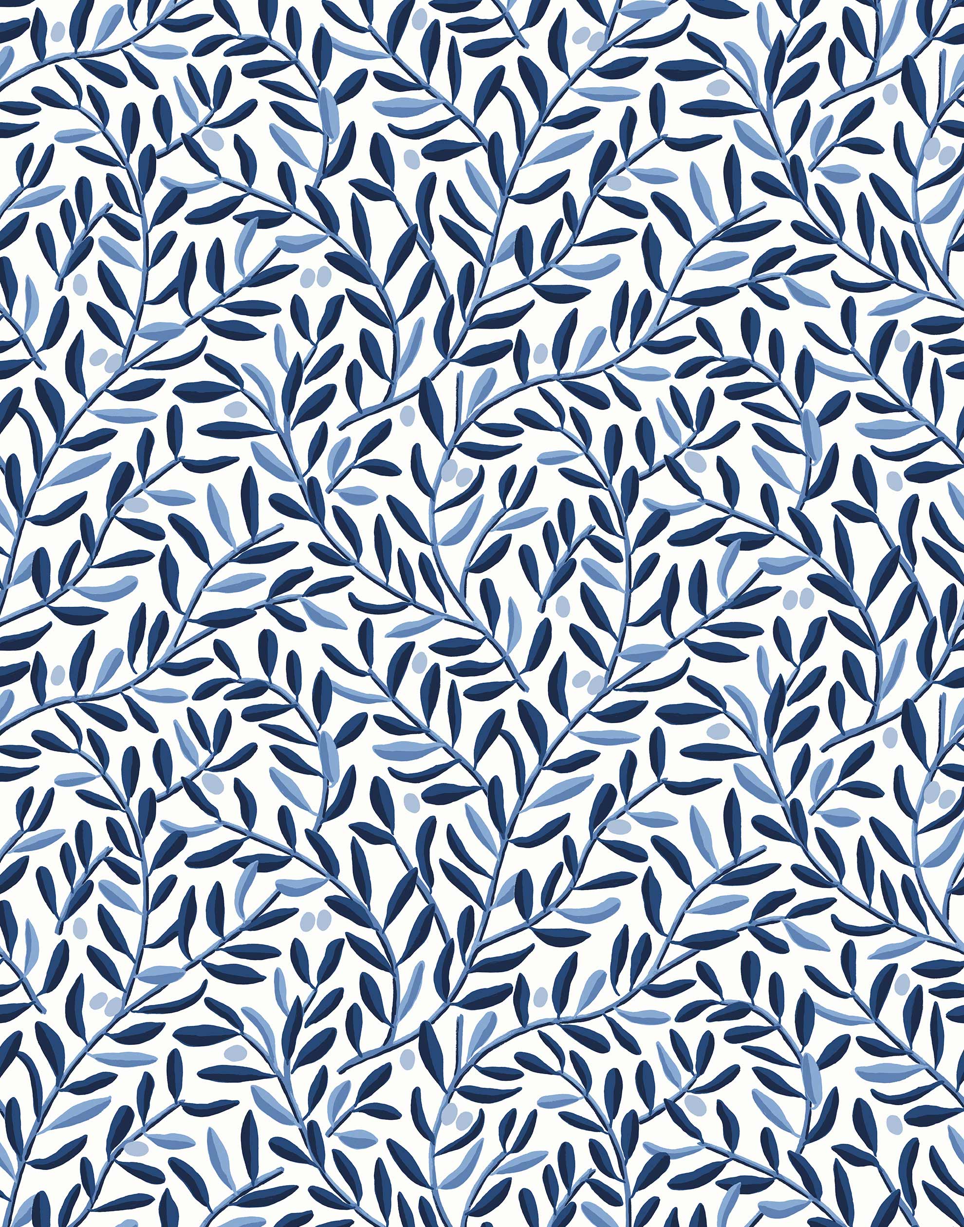Olive Grove (Blue) featuring a leafy vine motif in shades of blue with light blue accents on a true white background | Schoolhouse x Hygge & West Wallpaper Collection