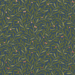 Olive Grove (Midnight) featuring a leafy vine motif in shades of green with metallic copper accents on a deep blue background | Schoolhouse x Hygge & West Wallpaper Collection