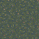 Olive Grove (Midnight) featuring a leafy vine motif in shades of green with metallic copper accents on a deep blue background | Schoolhouse x Hygge & West Wallpaper Collection