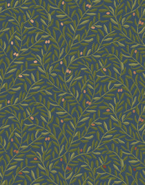 Olive Grove (Midnight) featuring a leafy vine motif in shades of green with metallic copper accents on a deep blue background | Schoolhouse x Hygge & West Wallpaper Collection