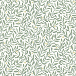 Olive Grove (Spruce) featuring a leafy vine motif in shades of green with pale yellow accents on an off white background | Schoolhouse x Hygge & West Wallpaper Collection