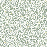 Olive Grove (Spruce) featuring a leafy vine motif in shades of green with pale yellow accents on an off white background | Schoolhouse x Hygge & West Wallpaper Collection