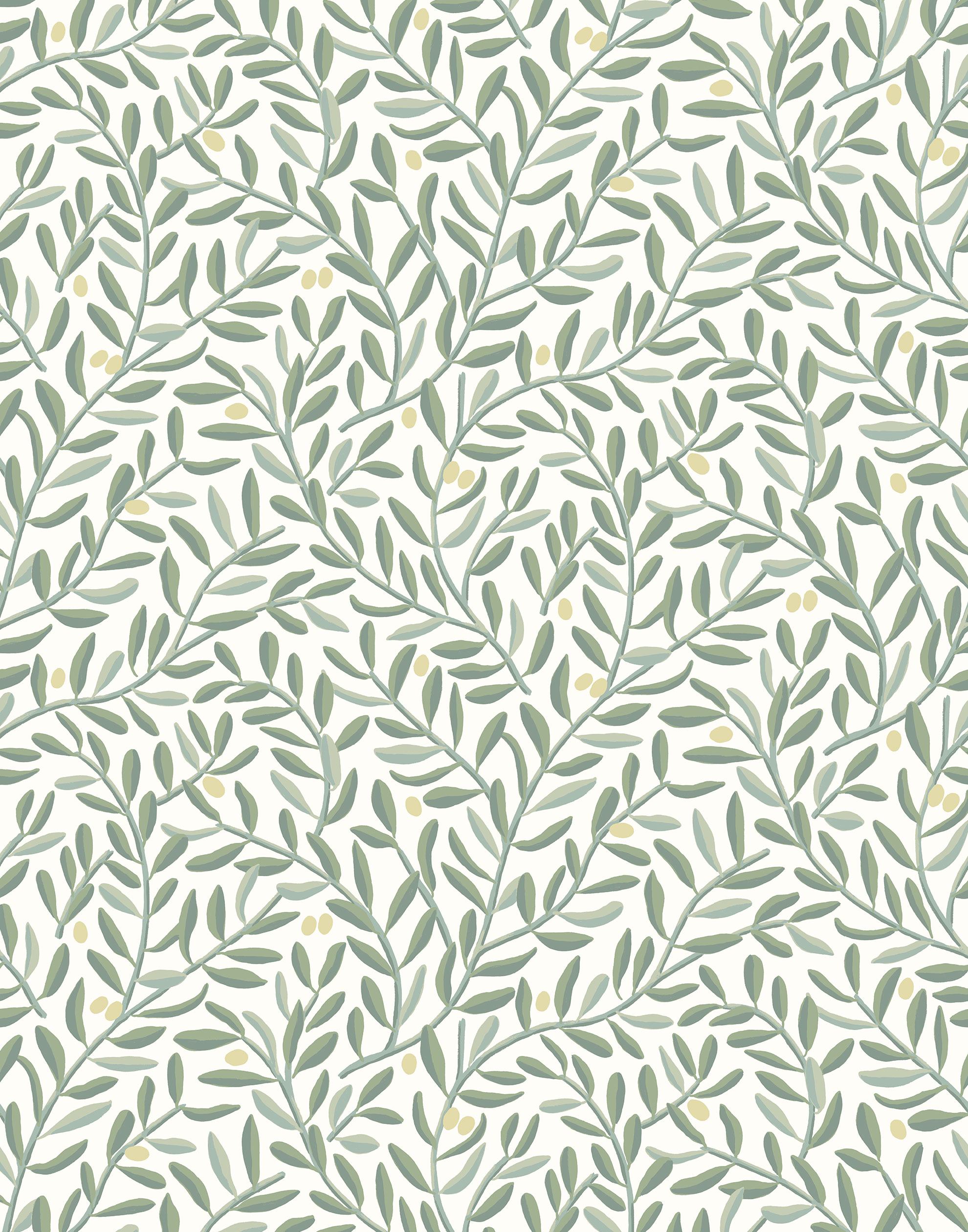 Olive Grove (Spruce) featuring a leafy vine motif in shades of green with pale yellow accents on an off white background | Schoolhouse x Hygge & West Wallpaper Collection