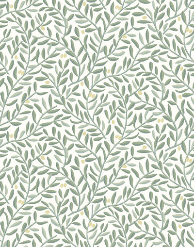 Olive Grove (Spruce) featuring a leafy vine motif in shades of green with pale yellow accents on an off white background | Schoolhouse x Hygge & West Wallpaper Collection