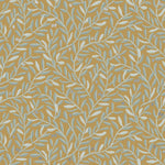 Olive Grove (Ochre) featuring a leafy vine motif in shades light green with metallic silver accents on a mustard yellow background | Schoolhouse x Hygge & West Wallpaper Collection