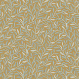 Olive Grove (Ochre) featuring a leafy vine motif in shades light green with metallic silver accents on a mustard yellow background | Schoolhouse x Hygge & West Wallpaper Collection