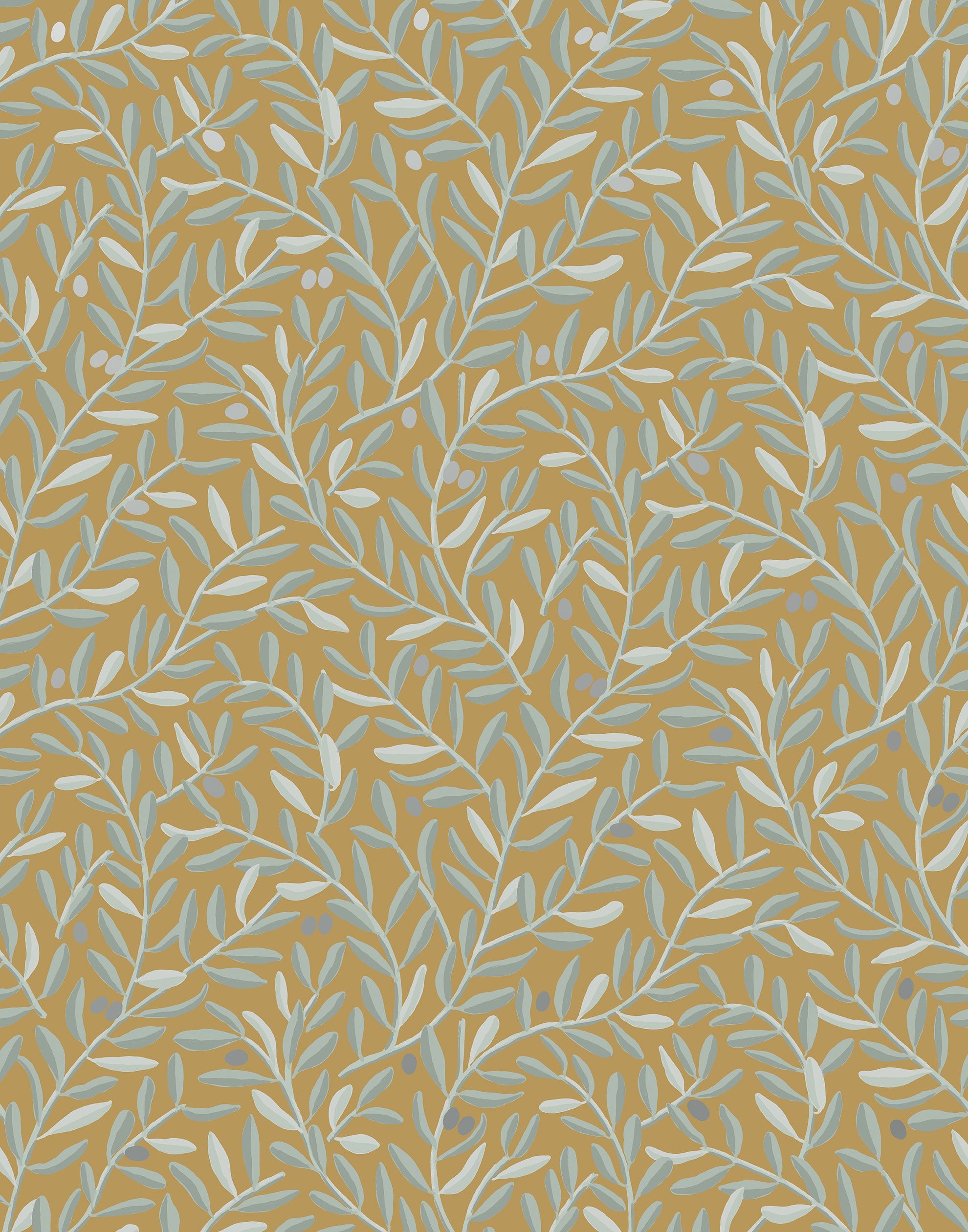 Olive Grove (Ochre) featuring a leafy vine motif in shades light green with metallic silver accents on a mustard yellow background | Schoolhouse x Hygge & West Wallpaper Collection