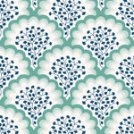 Angelina (Laurel) wallpaper features a White background with graduated green scallops and navy floral motif