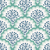 Angelina (Laurel) wallpaper features a White background with graduated green scallops and navy floral motif