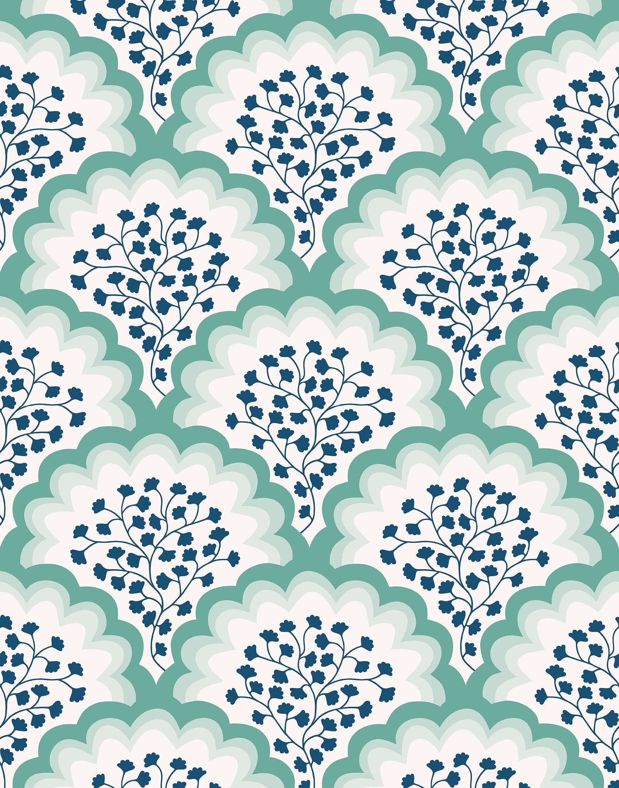 Angelina (Laurel) wallpaper features a White background with graduated green scallops and navy floral motif