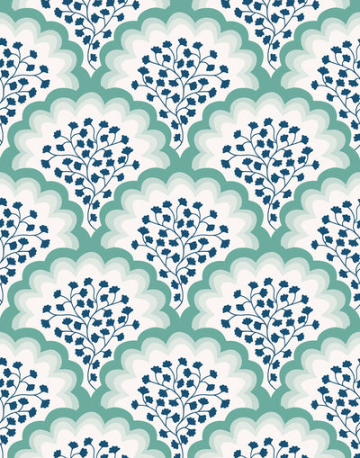 Angelina (Laurel) wallpaper features a White background with graduated green scallops and navy floral motif