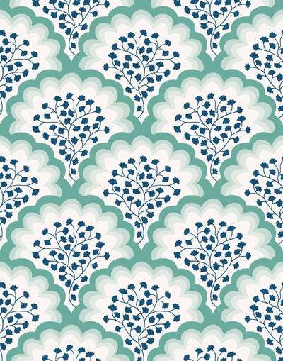 Angelina (Laurel) wallpaper features a White background with graduated green scallops and navy floral motif