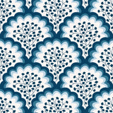 Angelina (Navy) wallpaper features a White background with graduated blue scallops and navy floral motif