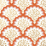 Angelina (Coral) wallpaper features an off white background with graduated coral scallops and gold floral motif