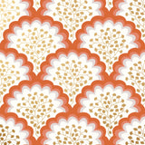 Angelina (Coral) wallpaper features an off white background with graduated coral scallops and gold floral motif