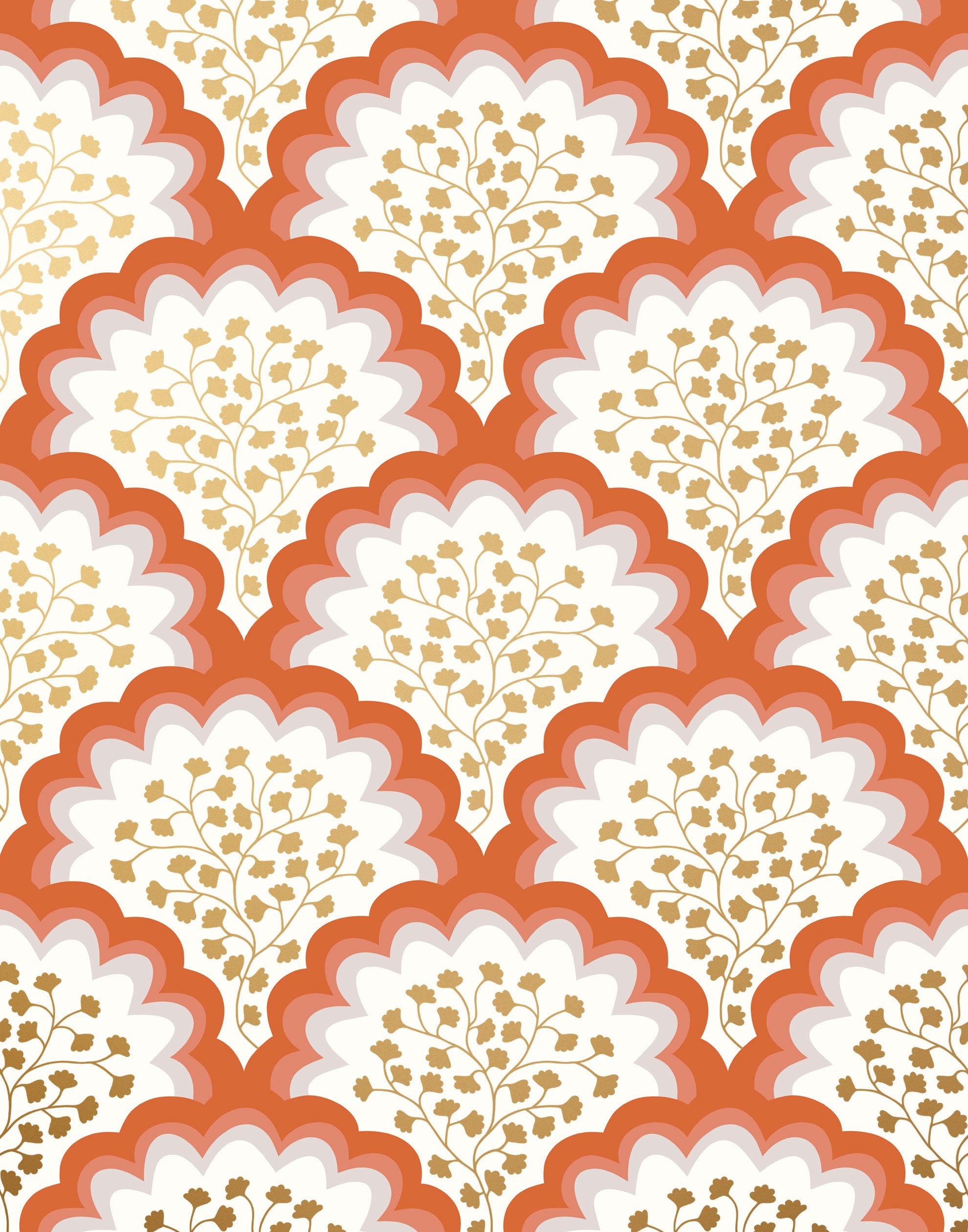 Angelina (Coral) wallpaper features an off white background with graduated coral scallops and gold floral motif