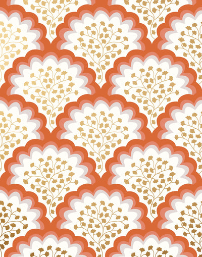 Angelina (Coral) wallpaper features an off white background with graduated coral scallops and gold floral motif