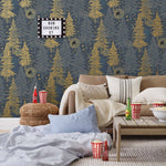 Be Good (Midnight) Wallpaper with light gray and gold illustrations on a deep gray background depicts scenes from the iconic movie E.T. the Extra-Terrestrial and was created in collaboration with Universal | Hygge & West
