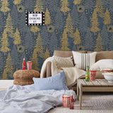 Be Good (Midnight) Wallpaper with light gray and gold illustrations on a deep gray background depicts scenes from the iconic movie E.T. the Extra-Terrestrial and was created in collaboration with Universal | Hygge & West