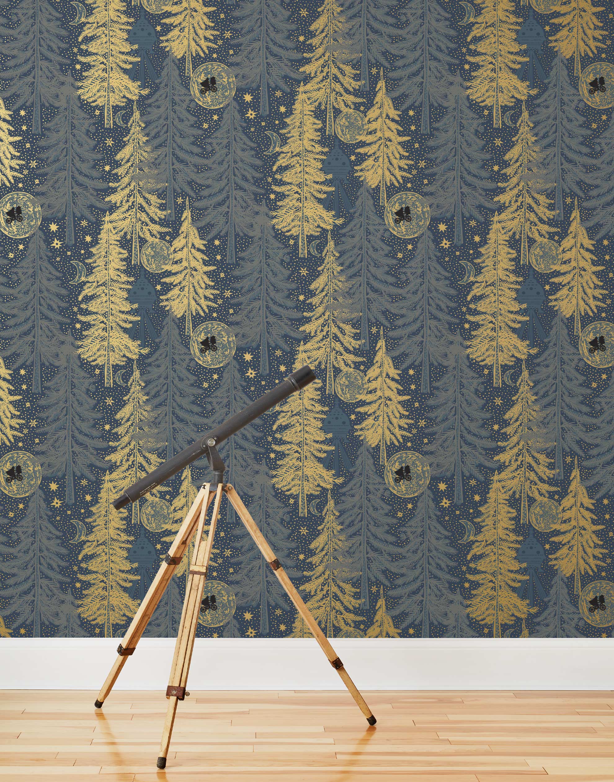 Be Good (Midnight) Wallpaper with light gray and gold illustrations on a deep gray background depicts scenes from the iconic movie E.T. the Extra-Terrestrial and was created in collaboration with Universal | Hygge & West