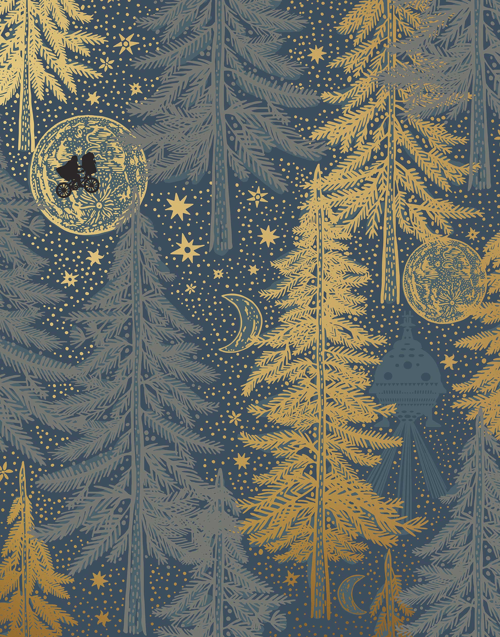 Be Good (Midnight) Wallpaper with light gray and gold illustrations on a deep gray background depicts scenes from the iconic movie E.T. the Extra-Terrestrial and was created in collaboration with Universal | Hygge & West