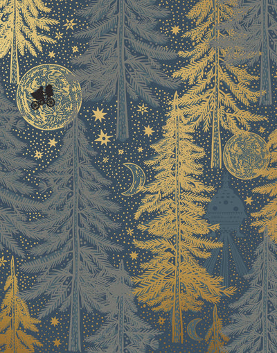 Be Good (Midnight) Wallpaper with light gray and gold illustrations on a deep gray background depicts scenes from the iconic movie E.T. the Extra-Terrestrial and was created in collaboration with Universal | Hygge & West