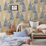 Be Good (Dusk) Wallpaper with gray and gold illustrations on a cream background depicts scenes from the iconic movie E.T. the Extra-Terrestrial and was created in collaboration with Universal | Hygge & West