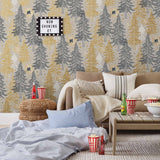 Be Good (Dusk) Wallpaper with gray and gold illustrations on a cream background depicts scenes from the iconic movie E.T. the Extra-Terrestrial and was created in collaboration with Universal | Hygge & West