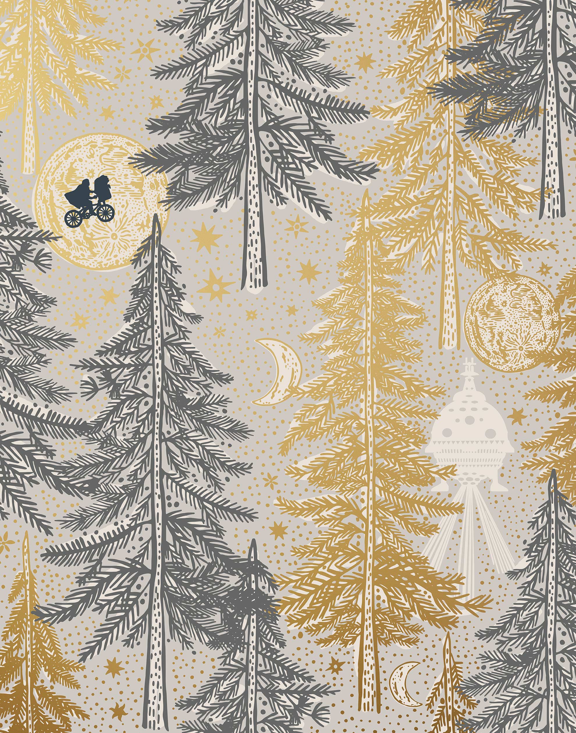 Be Good (Dusk) Wallpaper with gray and gold illustrations on a cream background depicts scenes from the iconic movie E.T. the Extra-Terrestrial and was created in collaboration with Universal | Hygge & West