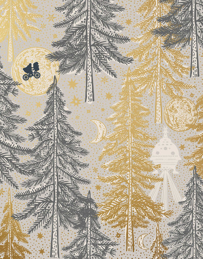 Be Good (Dusk) Wallpaper with gray and gold illustrations on a cream background depicts scenes from the iconic movie E.T. the Extra-Terrestrial and was created in collaboration with Universal | Hygge & West