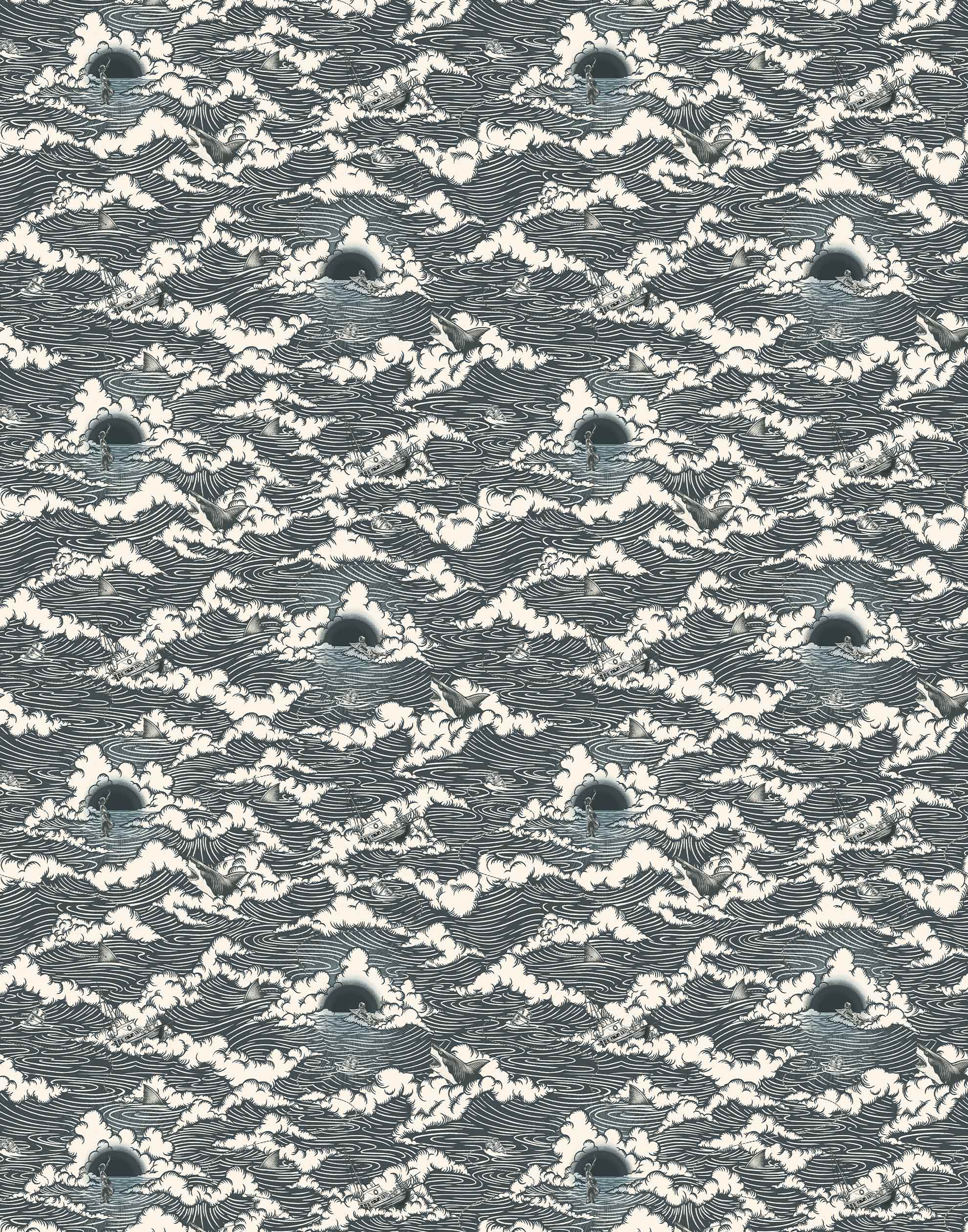 Amity Sunset (Ink) Wallpaper with dark blue and off white illustrations depicts scenes from the iconic movie Jaws and was created in collaboration with Universal | Hygge & West