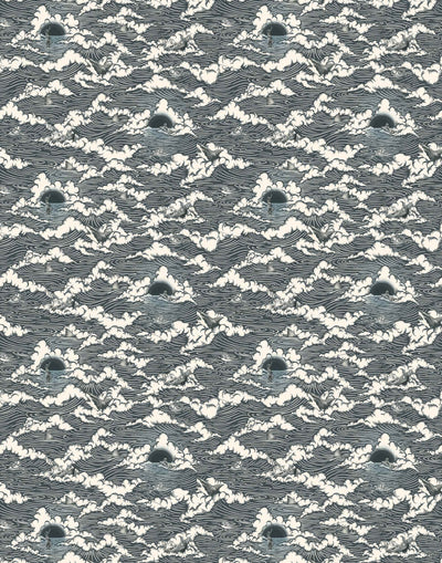 Amity Sunset (Ink) Wallpaper with dark blue and off white illustrations depicts scenes from the iconic movie Jaws and was created in collaboration with Universal | Hygge & West